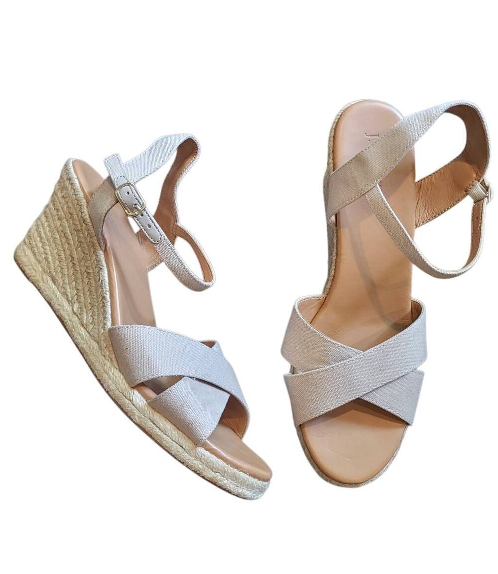 J. Crew Sandals Women's 9 Beige Peep Toe Wedge Espadrilles High Heel